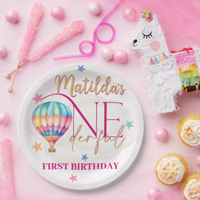 Plato De Papel Oso en un globo rosa 7" Placas de papel redondo (Fiesta)