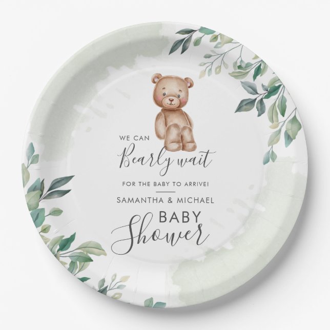 Plato De Papel Oso Eucalyptus deja a las parejas Baby Shower (Anverso)