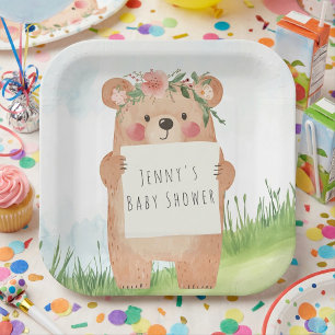 Plato De Papel Oso Floral Bebé Chica Ducha Placa de papel