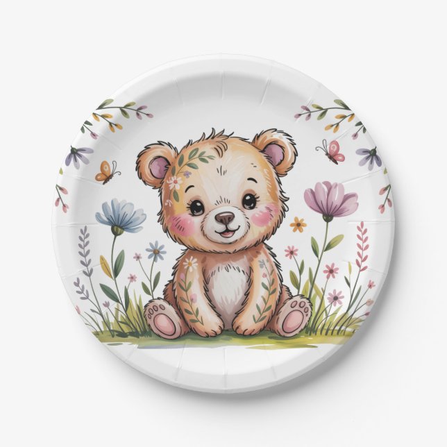 Plato De Papel Oso Floral Podemos Esperar A Baby Shower (Anverso)