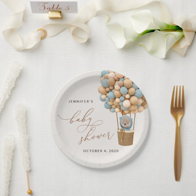 Plato De Papel Oso, globos azules, globo de aire caliente, Baby S (Boda)