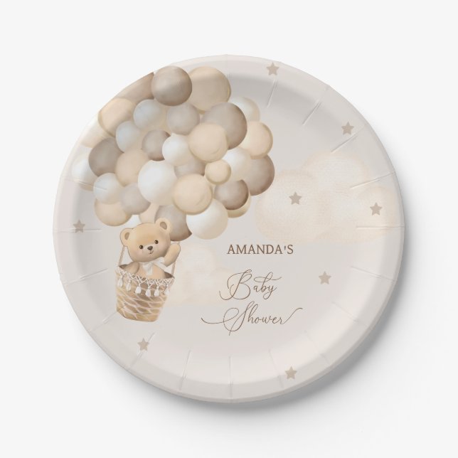 Plato De Papel Oso Globos Marrones Baby Shower  (Anverso)