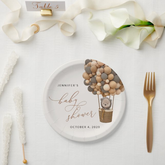 Plato De Papel Oso, globos pardos, globo de aire caliente, Baby S (Boda)