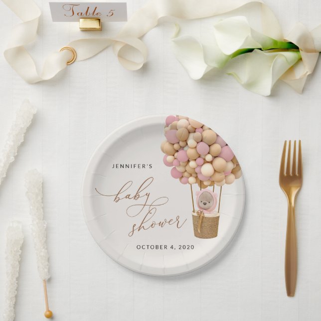 Plato De Papel Oso, globos rosados, globo de aire caliente, Baby  (Boda)