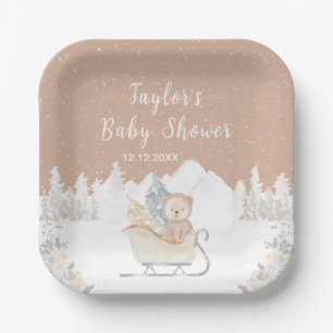 Plato De Papel Oso Invernal Marrón Trineo Baby Shower