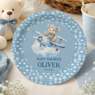 Plato De Papel Oso Lindo Avión Azul El Tiempo Vuela Cumpleaños 1 