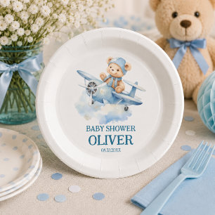 Plato De Papel Oso Lindo Avión Azul El Tiempo Vuela Cumpleaños 1