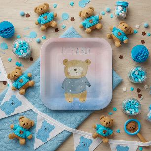Plato De Papel Oso lindo azul pastel es un niño