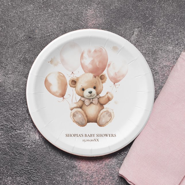Plato De Papel Oso lindo con globos | Rosa del bebé (Subido por el creador)