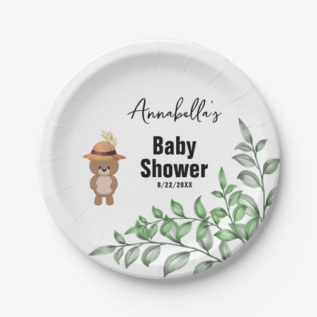 Plato De Papel Oso lindo en el Baby Shower maderero (Anverso)