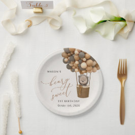 Plato De Papel Oso lindo, globos marrones, primer cumpleaños