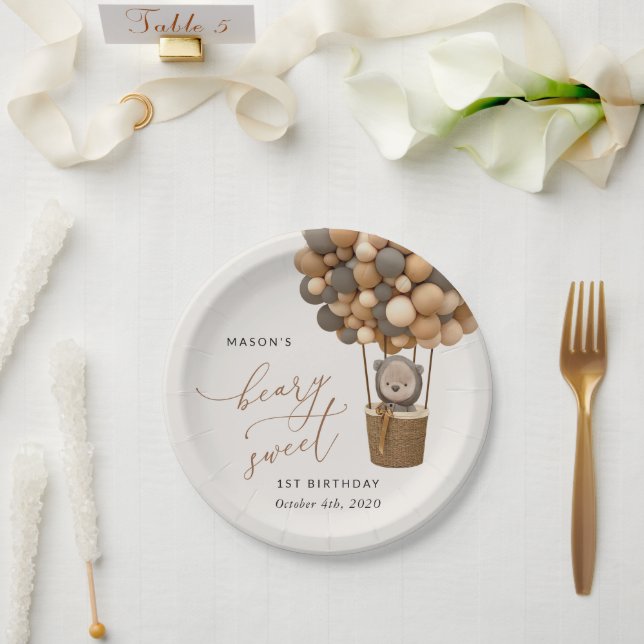 Plato De Papel Oso lindo, globos marrones, primer cumpleaños (Boda)
