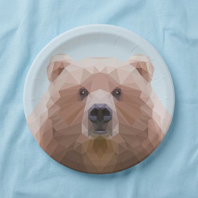 Plato De Papel Oso marrón oscuro (Cute geometric brown bear blue paper plates.)