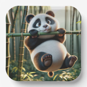 Plato De Papel Oso Panda colgando de una rama de bambú