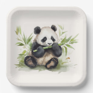 Plato De Papel Oso Panda Con Bambú