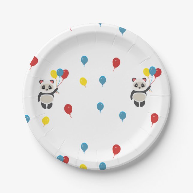 Plato De Papel Oso panda con globos blanco (Anverso)