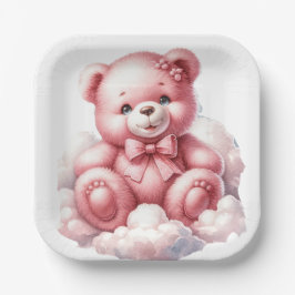 PLATO DE PAPEL OSO PEQUEÑO DE COLOR ROSA SENTADO EN UNA NUBE