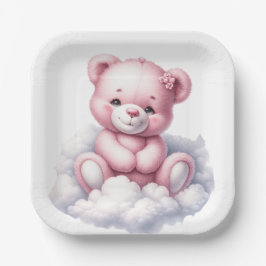 PLATO DE PAPEL OSO PEQUEÑO DE COLOR ROSA SENTADO EN UNA NUBE