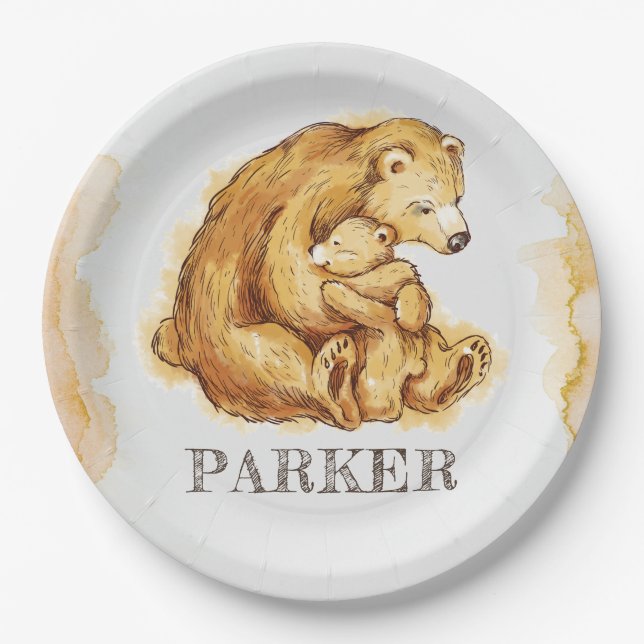Plato De Papel Oso personalizado de acuarela (Anverso)