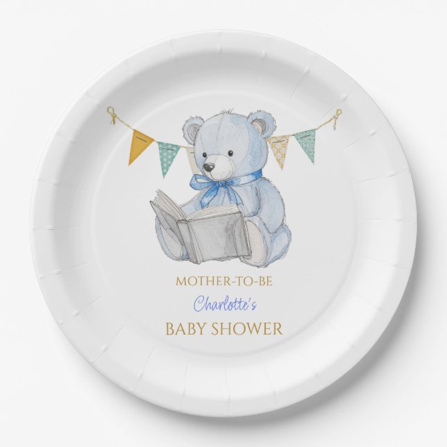 Plato De Papel Oso personalizado leyendo un libro Baby Shower (Anverso)