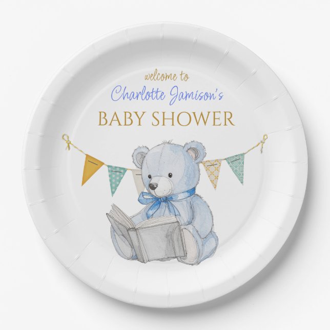 Plato De Papel Oso personalizado leyendo un libro Baby Shower (Anverso)
