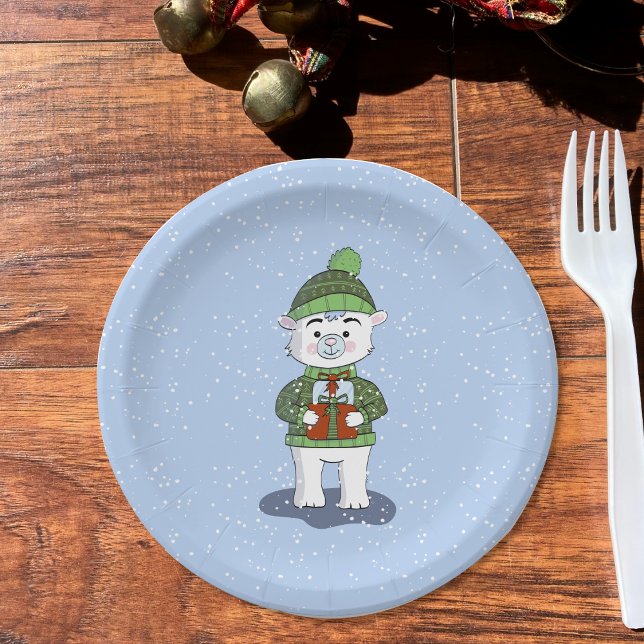 Plato De Papel Oso polar con placa de papel azul de regalo (Cute polar bear blue paper plate for a friendly kid winter party .)