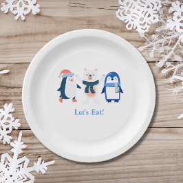 Plato De Papel Oso polar de bebé pingüinos de invierno azul