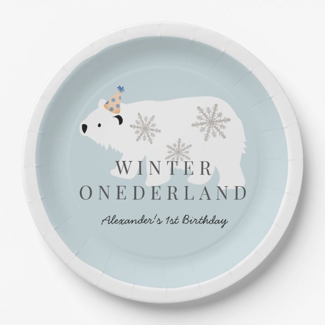 Plato De Papel Oso Polar Invierno Onederland Blue Birday (Anverso)