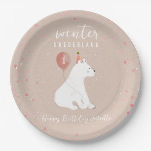 Plato De Papel Oso Polar Rosado de Omán de Invierno Primer Cumple