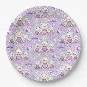 Plato De Papel Oso Rayado Morado y Juguetes Sin Costuras