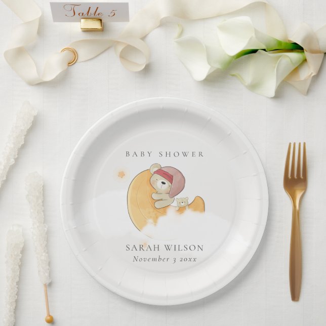 Plato De Papel Oso rosa somnoliento sobre Chica de la Luna Baby S (Boda)