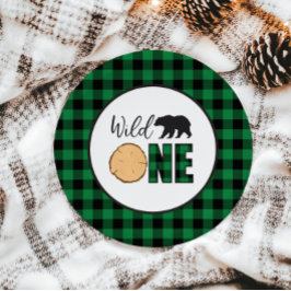 Plato De Papel Oso Salvaje Uno Plaid Verde de Búfalo Cumpleaños P
