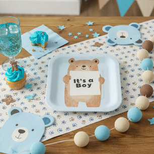 Plato De Papel Oso sosteniendo cartel adorable baby shower azul