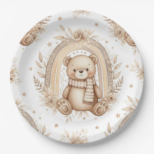 Plato De Papel Oso Teddy Boho Arcoíris Floral Neutral