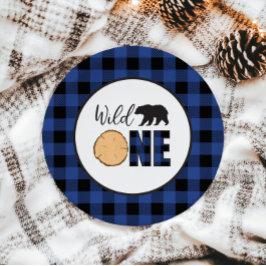Plato De Papel Oso Uno Salvaje plaid azul de Buffalo Cumpleaños P