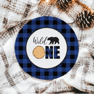 Plato De Papel Oso Uno Salvaje plaid azul de Buffalo Cumpleaños P