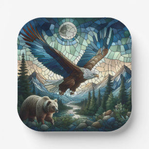 Plato De Papel Oso y águila mosaicos en las montañas
