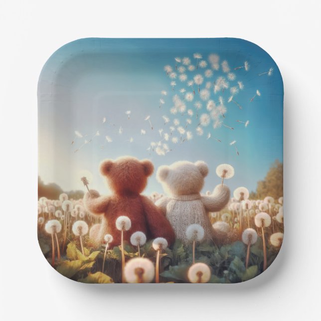 Plato De Papel Osos De Teddy En Dandelions (Anverso)