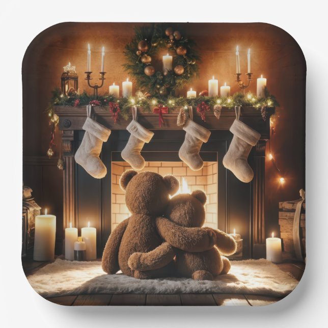 Plato De Papel Osos De Teddy Frente A Una Chimenea De Navidades (Anverso)