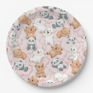Plato De Papel Osos y pandas lindos en nubes rosadas sin fisuras