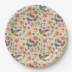 Plato De Papel Otomi Colorful Bird & Flowers Pattern verano lindo