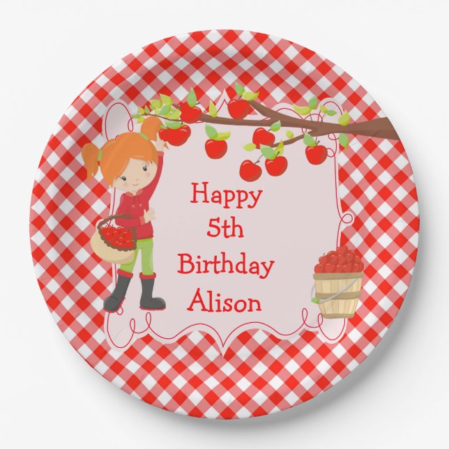 Plato De Papel Otoño Apple Picking Red Hair Cumpleaños (Anverso)