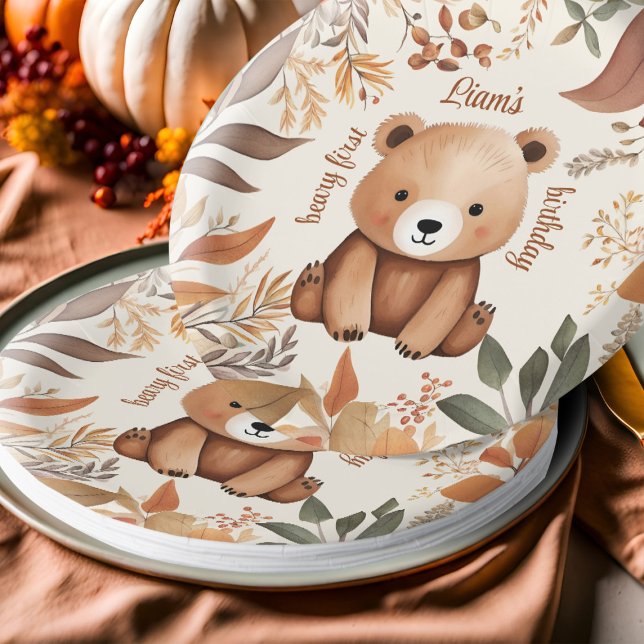Plato De Papel Otoño Bebé De Un Año De Edad Prima De Nacimiento (Cute Fall baby bear first birthday party paper plates)