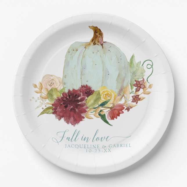 Plato De Papel Otoño Boda Aqua Blue Pumpkin Floral (Anverso)