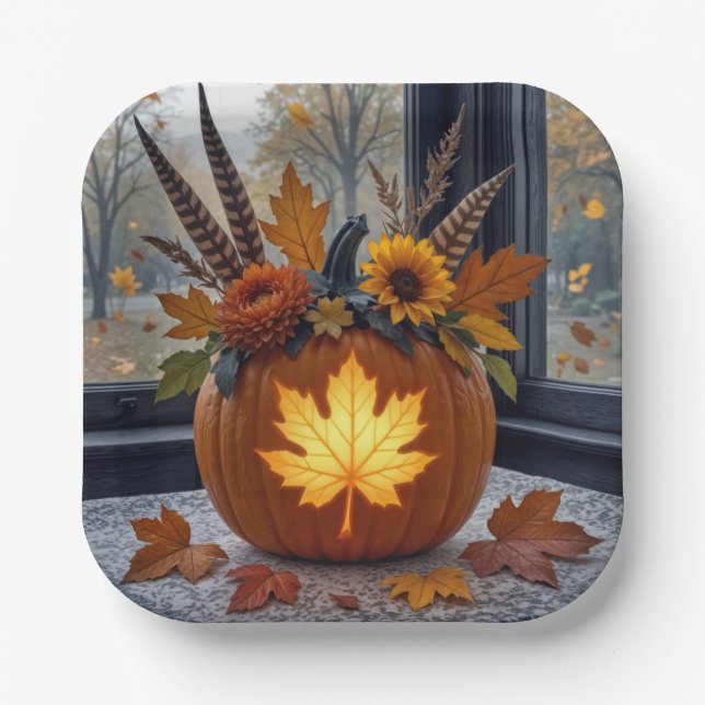 Plato De Papel Otoño Bouquet en una calabaza Naranja (Anverso)