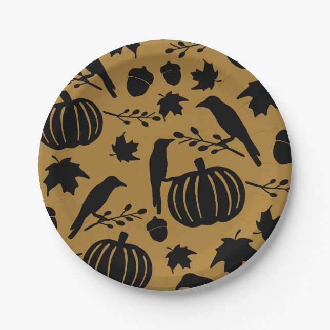 Plato De Papel Otoño Calabaza Amarillo Naranja Negro Cuervo Dorad (Anverso)