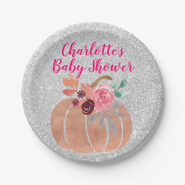 Plato De Papel Otoño Calabaza floral Baby Shower Plata rosa (Anverso)