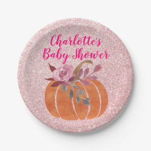 Plato De Papel Otoño Calabaza Floral Baby Shower Rosa Gold
