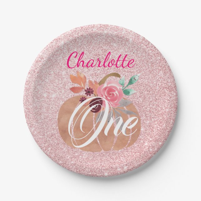 Plato De Papel Otoño Calabaza Floral de otoño 1er cumpleaños Rosa (Anverso)