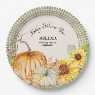 Plato De Papel Otoño Calabaza Girasol en Sage Green Gingham
